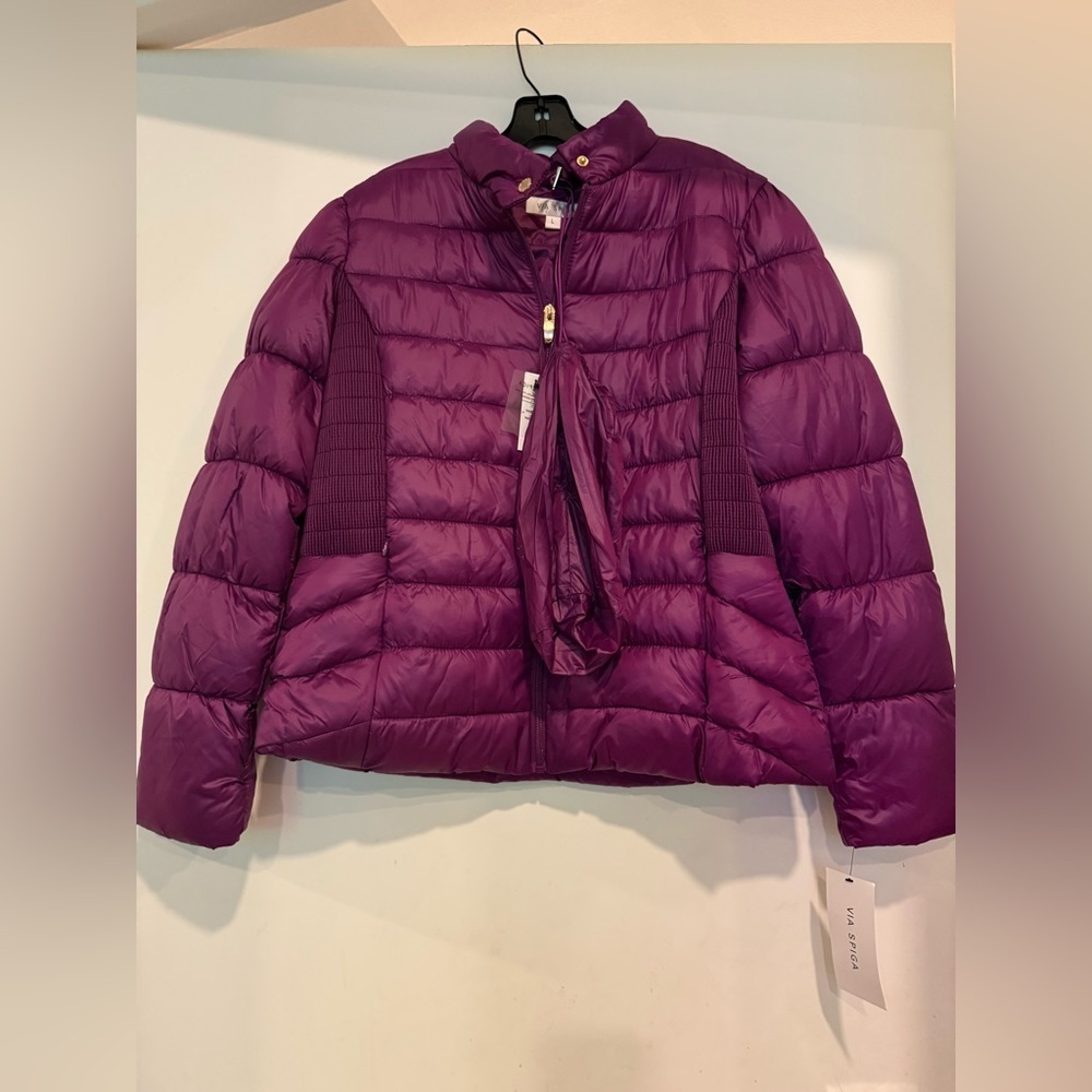Via Spiga Stand Collar Packable Puffer Coat, Wine, Size Large NWT